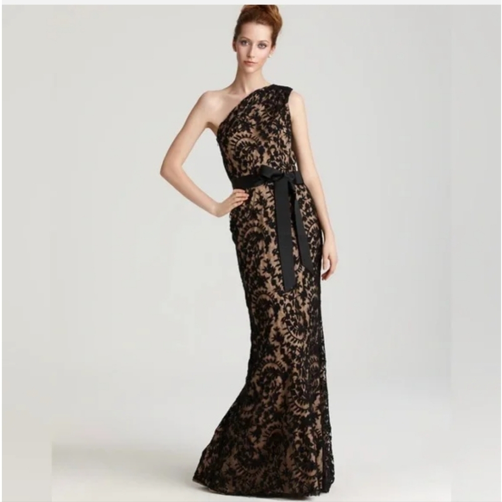Tadashi Shoji one shoulder black lace cocktail party maxi dress 2